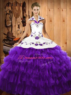 Low Price Embroidery and Ruffled Layers 15th Birthday Dress Purple Lace Up Sleeveless Floor Length