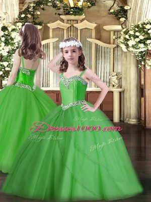 Attractive Green Pageant Gowns For Girls Tulle Sweep Train Sleeveless Beading