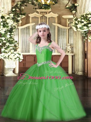 Attractive Green Pageant Gowns For Girls Tulle Sweep Train Sleeveless Beading