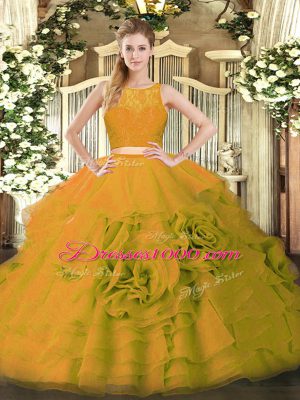 Trendy Olive Green Sleeveless Ruffles Floor Length Quinceanera Gown