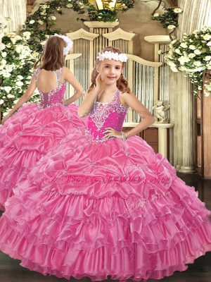 V-neck Sleeveless Child Pageant Dress Floor Length Beading and Ruffled Layers and Pick Ups Rose Pink Organza