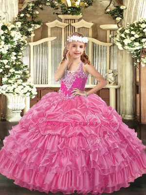 V-neck Sleeveless Child Pageant Dress Floor Length Beading and Ruffled Layers and Pick Ups Rose Pink Organza