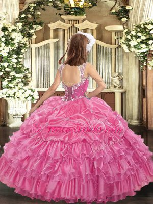 V-neck Sleeveless Child Pageant Dress Floor Length Beading and Ruffled Layers and Pick Ups Rose Pink Organza