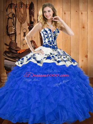Extravagant Floor Length Blue Sweet 16 Dress Satin and Organza Sleeveless Embroidery and Ruffles