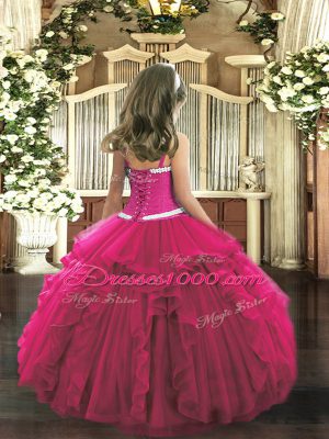 Green Straps Lace Up Appliques and Ruffles Glitz Pageant Dress Sleeveless