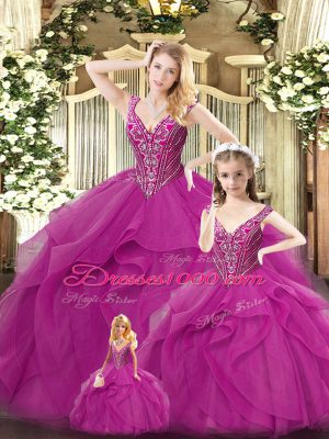 Modern Straps Sleeveless Lace Up 15th Birthday Dress Fuchsia Organza