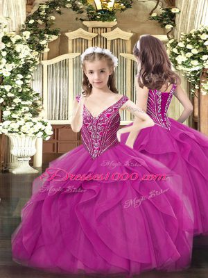 Modern Straps Sleeveless Lace Up 15th Birthday Dress Fuchsia Organza