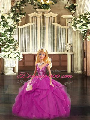 Modern Straps Sleeveless Lace Up 15th Birthday Dress Fuchsia Organza