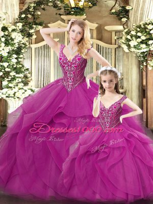 Modern Straps Sleeveless Lace Up 15th Birthday Dress Fuchsia Organza