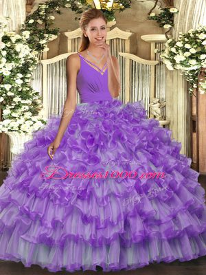 Adorable Lavender Ball Gowns V-neck Sleeveless Organza Floor Length Backless Beading and Ruffled Layers Ball Gown Prom Dress