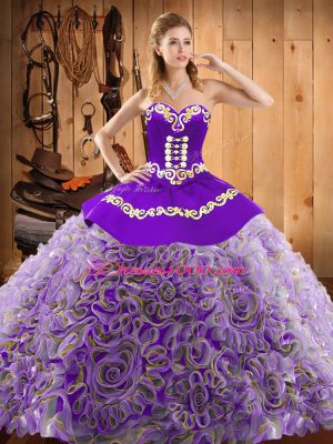 Elegant Multi-color Ball Gowns Sweetheart Sleeveless Satin and Fabric With Rolling Flowers With Train Sweep Train Lace Up Embroidery Sweet 16 Dress