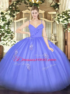 Cute Ball Gowns Sweet 16 Dresses Blue Spaghetti Straps Tulle Sleeveless Floor Length Zipper