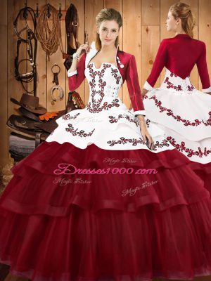 Excellent Embroidery and Ruffled Layers Quinceanera Gowns Burgundy Lace Up Sleeveless Sweep Train