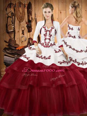 Excellent Embroidery and Ruffled Layers Quinceanera Gowns Burgundy Lace Up Sleeveless Sweep Train