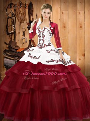 Excellent Embroidery and Ruffled Layers Quinceanera Gowns Burgundy Lace Up Sleeveless Sweep Train