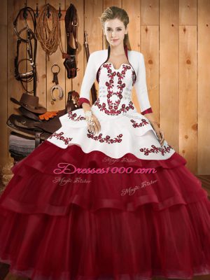 Excellent Embroidery and Ruffled Layers Quinceanera Gowns Burgundy Lace Up Sleeveless Sweep Train