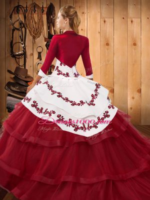 Excellent Embroidery and Ruffled Layers Quinceanera Gowns Burgundy Lace Up Sleeveless Sweep Train