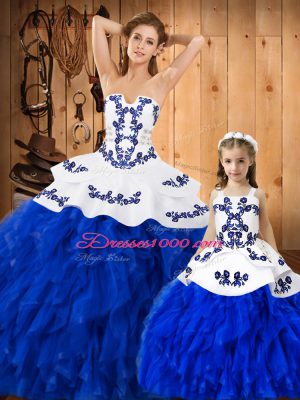 Gorgeous Ball Gowns Quinceanera Gown Royal Blue Strapless Lace Sleeveless Floor Length Lace Up