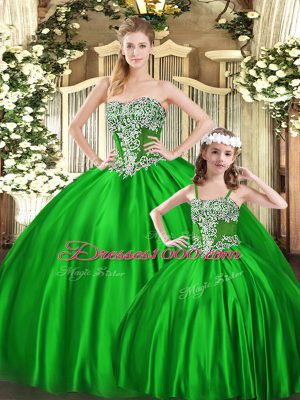 Green Ball Gowns Strapless Sleeveless Organza Floor Length Lace Up Beading Quinceanera Gowns