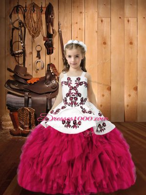 Sleeveless Floor Length Embroidery and Ruffles Lace Up Winning Pageant Gowns with Fuchsia