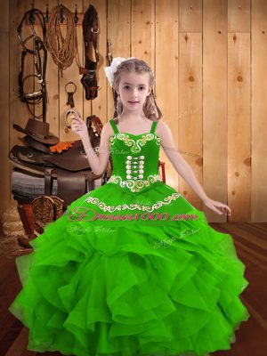 Green Organza Lace Up Evening Gowns Sleeveless Floor Length Embroidery and Ruffles