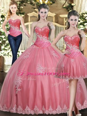 Artistic Rose Pink Ball Gowns Beading and Appliques Sweet 16 Quinceanera Dress Lace Up Tulle Sleeveless Floor Length