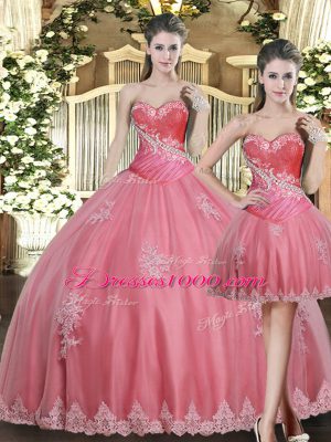 Artistic Rose Pink Ball Gowns Beading and Appliques Sweet 16 Quinceanera Dress Lace Up Tulle Sleeveless Floor Length