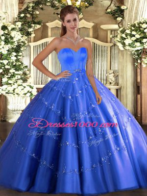 Blue Sleeveless Floor Length Beading and Appliques Lace Up 15th Birthday Dress