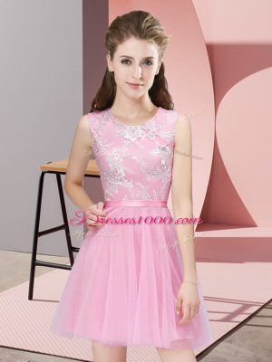 Ideal Sleeveless Tulle Mini Length Side Zipper Quinceanera Court of Honor Dress in Pink with Lace