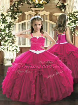Attractive Hot Pink Ball Gowns Appliques and Ruffles Pageant Dress Womens Lace Up Tulle Sleeveless Floor Length