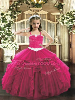 Attractive Hot Pink Ball Gowns Appliques and Ruffles Pageant Dress Womens Lace Up Tulle Sleeveless Floor Length