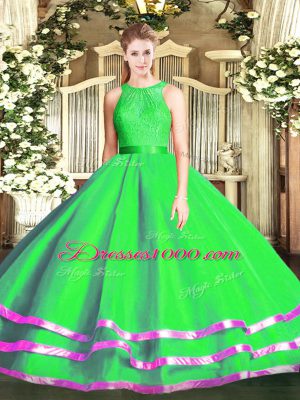 Eye-catching Green Sleeveless Floor Length Lace Zipper 15th Birthday Dress