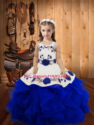 Wonderful Royal Blue Straps Lace Up Embroidery and Ruffles Kids Pageant Dress Sleeveless