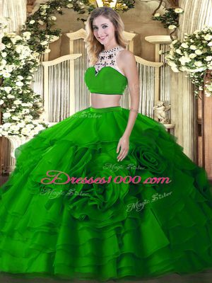 Delicate Sleeveless Floor Length Beading and Ruffled Layers Backless Quinceanera Dress with Green