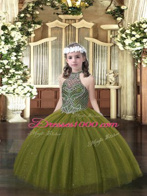 Olive Green Halter Top Neckline Beading Pageant Dresses Sleeveless Lace Up