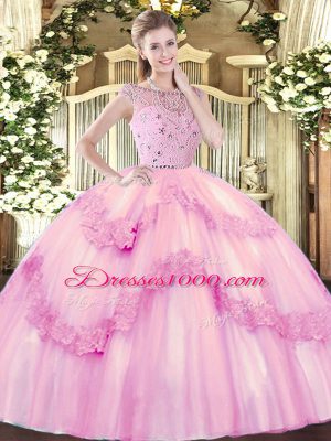 Rose Pink Zipper Sweet 16 Dresses Beading and Appliques Sleeveless Floor Length