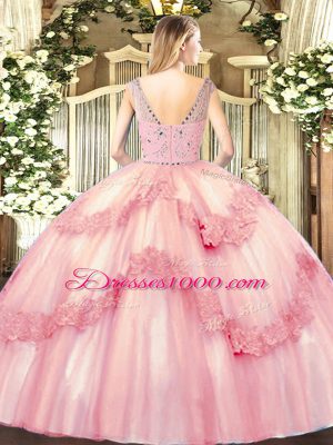 Rose Pink Zipper Sweet 16 Dresses Beading and Appliques Sleeveless Floor Length