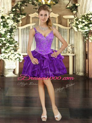 Sleeveless Lace Up Mini Length Beading and Ruffles Prom Evening Gown