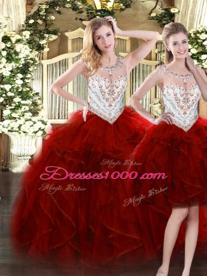 Comfortable Wine Red Ball Gowns Tulle Scoop Sleeveless Beading and Ruffles Floor Length Zipper Vestidos de Quinceanera