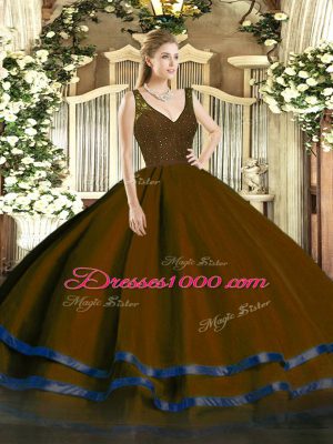 Tulle V-neck Sleeveless Zipper Beading and Ruffled Layers Sweet 16 Quinceanera Dress in Brown