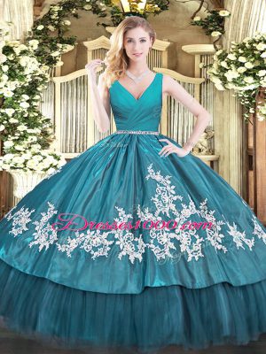 Customized Teal Sleeveless Floor Length Beading and Appliques Zipper 15 Quinceanera Dress