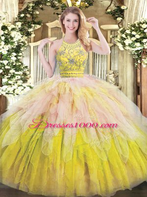 Sleeveless Floor Length Beading and Ruffles Zipper Sweet 16 Dresses with Multi-color