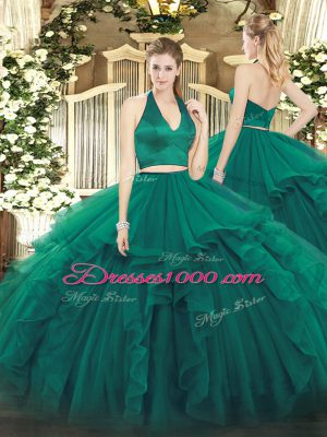 Noble Dark Green 15 Quinceanera Dress Military Ball and Sweet 16 and Quinceanera with Ruffles Halter Top Sleeveless Zipper