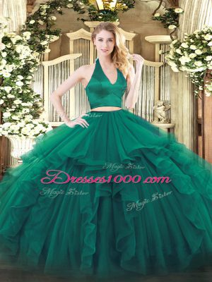 Noble Dark Green 15 Quinceanera Dress Military Ball and Sweet 16 and Quinceanera with Ruffles Halter Top Sleeveless Zipper