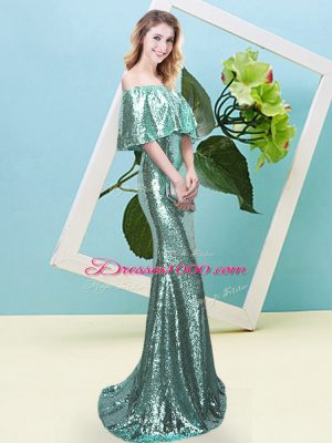 New Arrival Apple Green Mermaid Off The Shoulder Half Sleeves Sequined Floor Length Zipper Sequins Homecoming Dress
