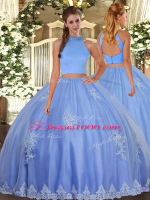 Ideal Floor Length Baby Blue Quinceanera Dress Tulle Sleeveless Beading and Appliques