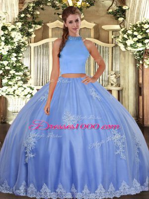 Ideal Floor Length Baby Blue Quinceanera Dress Tulle Sleeveless Beading and Appliques