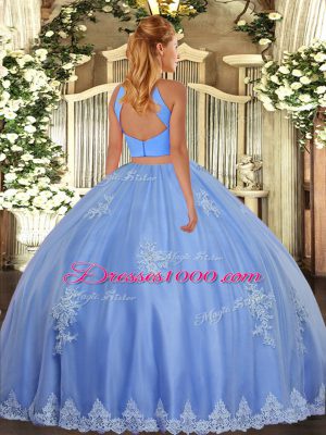 Ideal Floor Length Baby Blue Quinceanera Dress Tulle Sleeveless Beading and Appliques