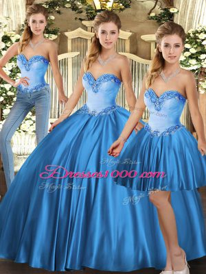 Dramatic Baby Blue Tulle Lace Up Sweetheart Sleeveless Floor Length Sweet 16 Dresses Beading