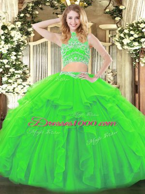 Two Pieces Beading and Ruffles Sweet 16 Quinceanera Dress Backless Tulle Sleeveless Floor Length